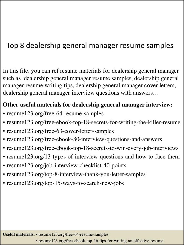 General Manager Car Dealership Resume