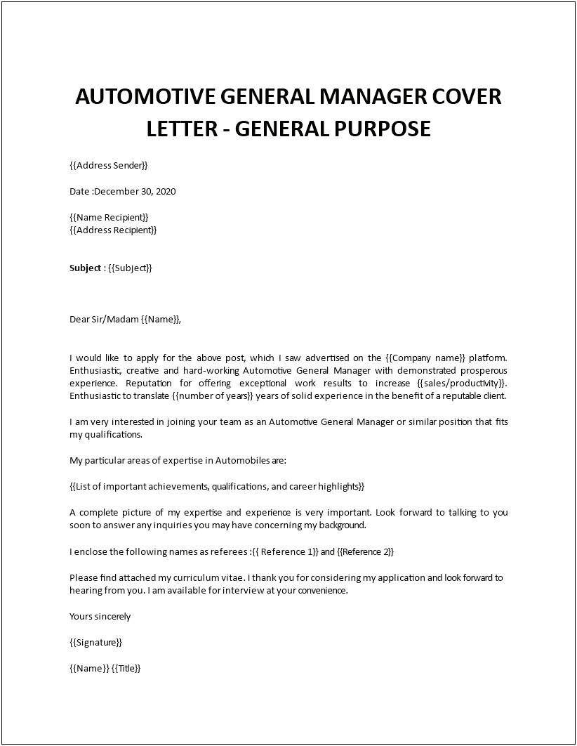General Manager Cover Letter For Resume