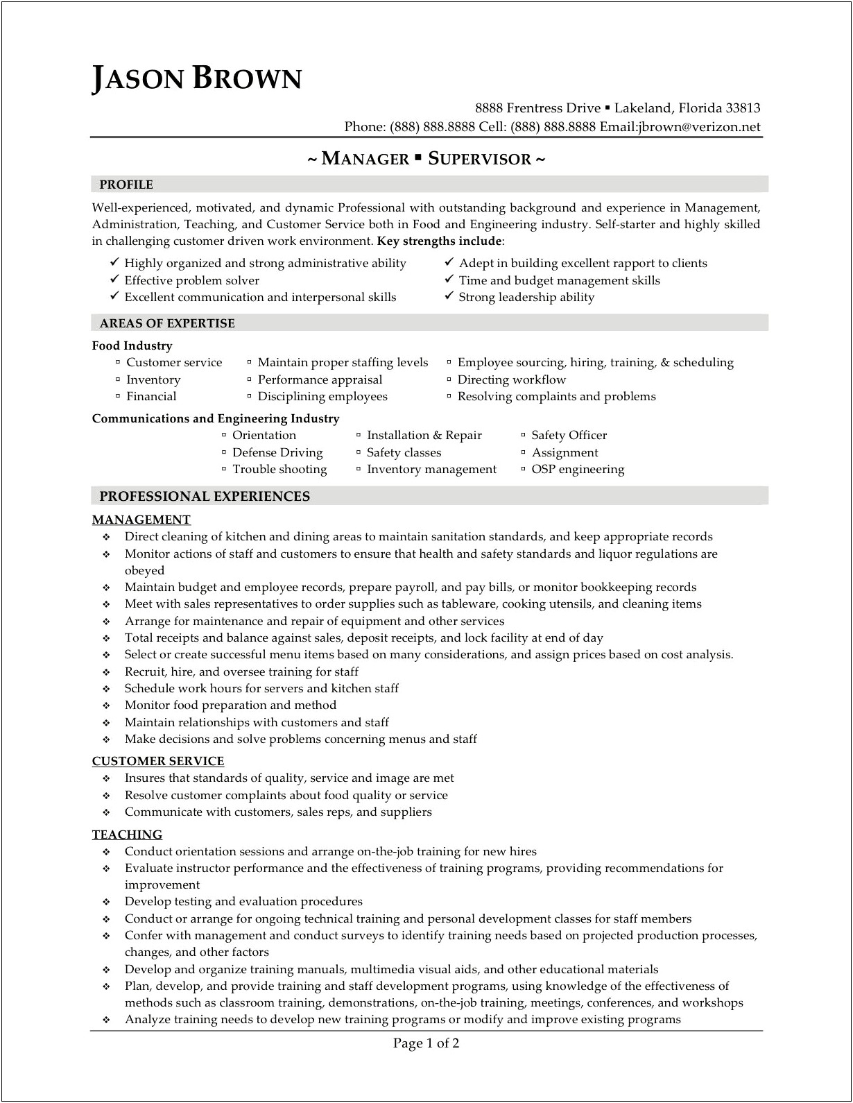 General Manager Food Service Resume Examples