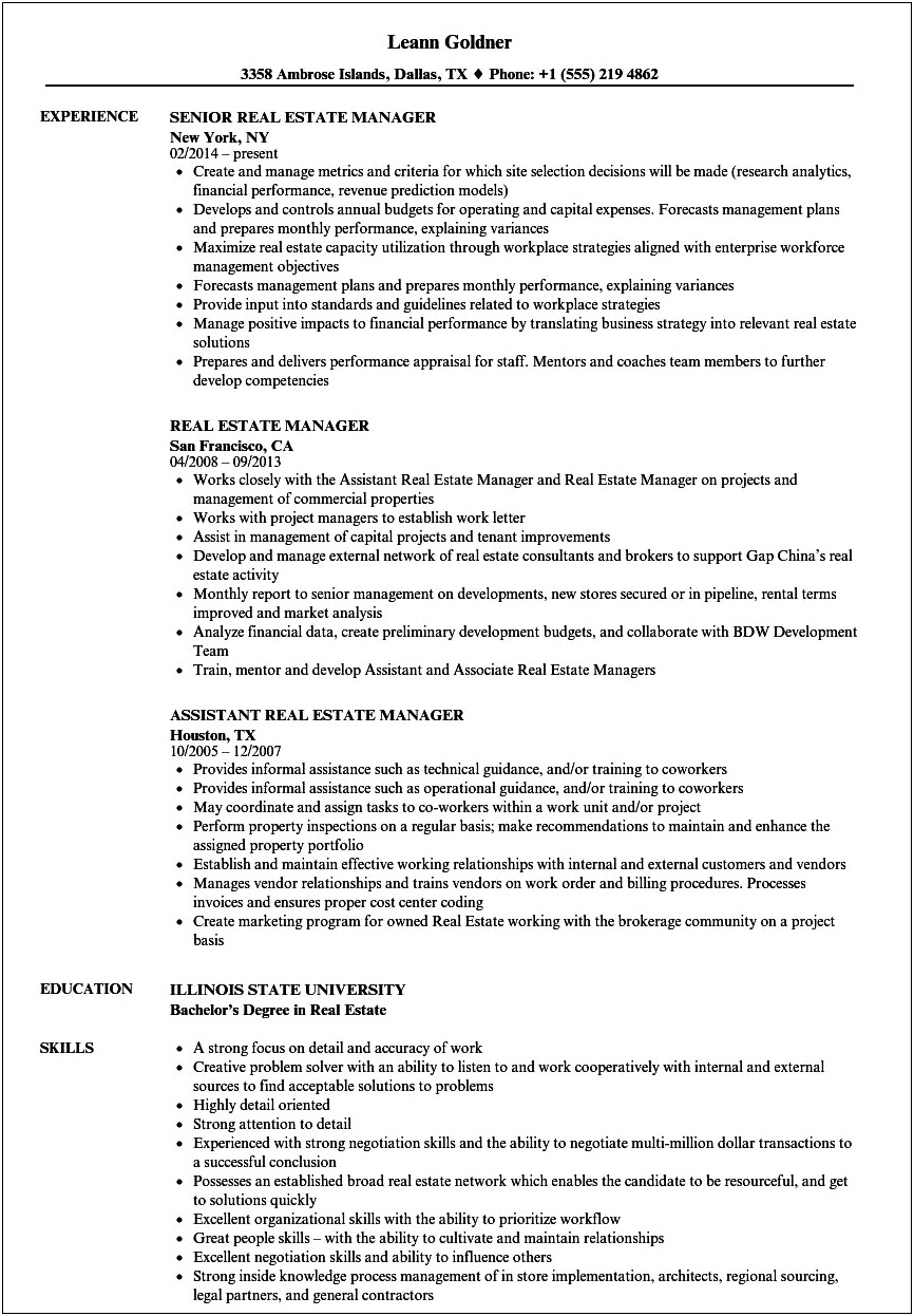General Manager Job Description Resume Real Estate Company