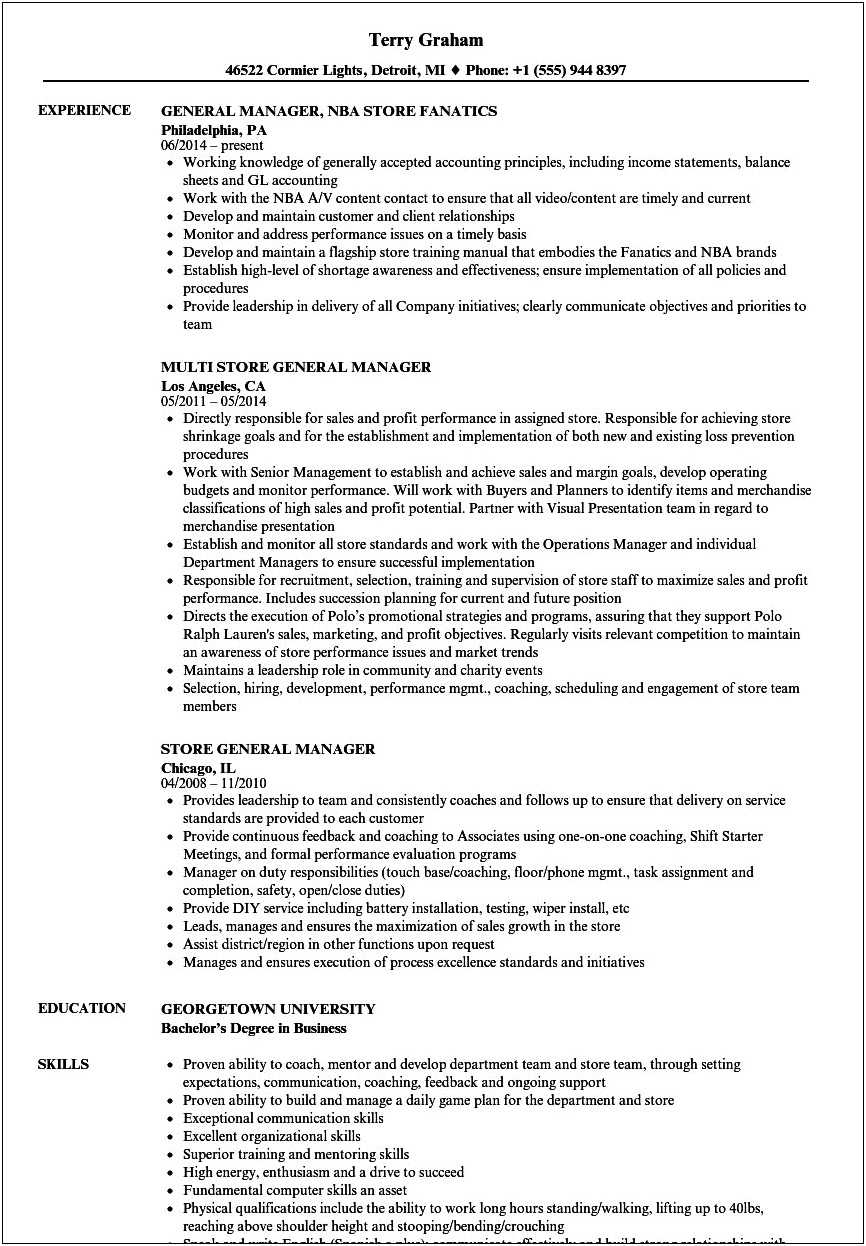 General Manager Retail Store Resume