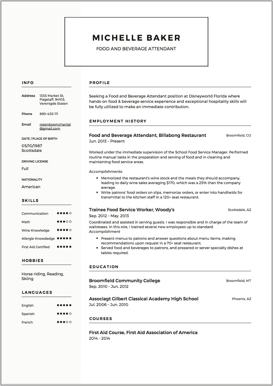 General Resume Objective Examples Food Service