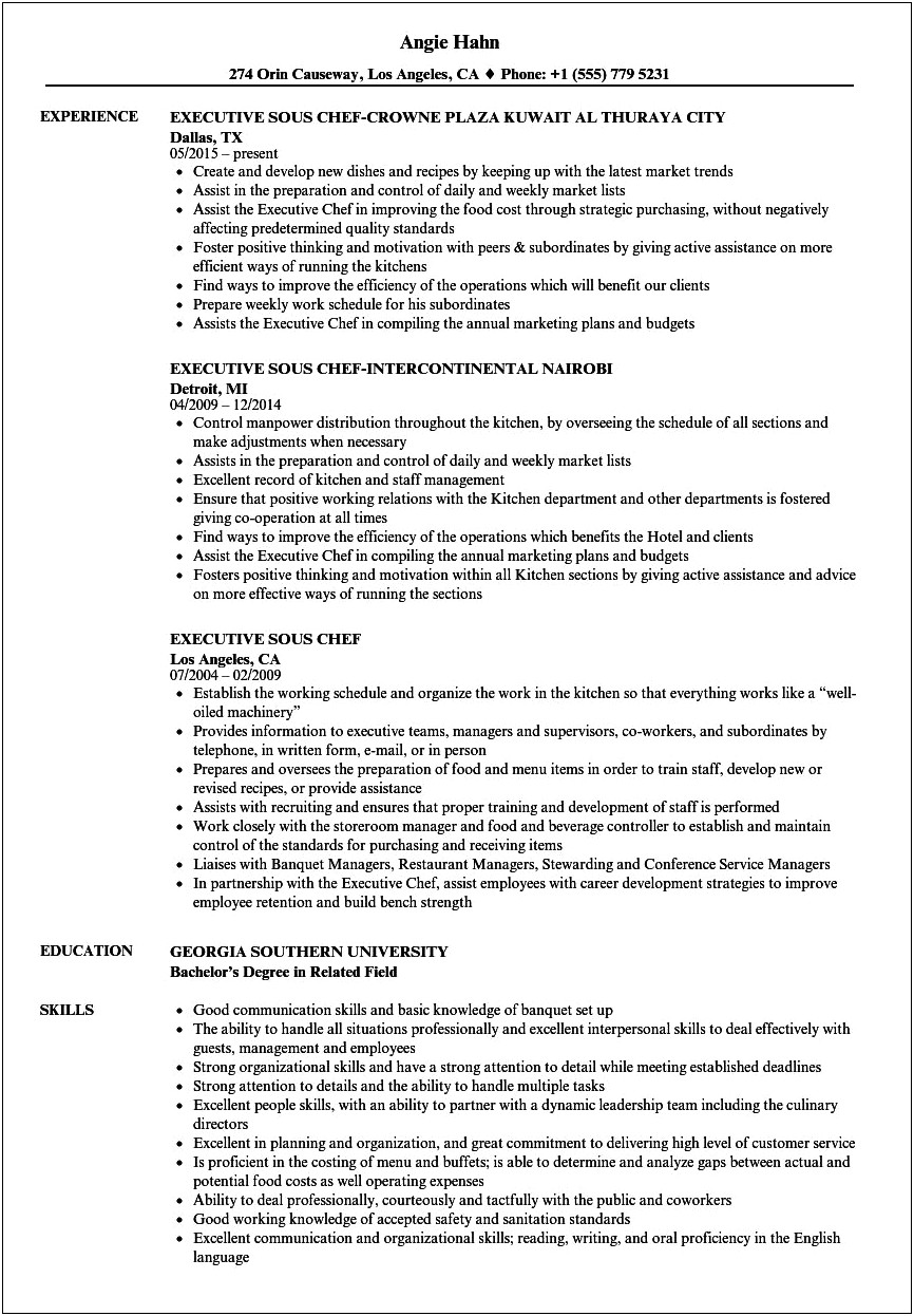 General Resume Objective Examples For Chef