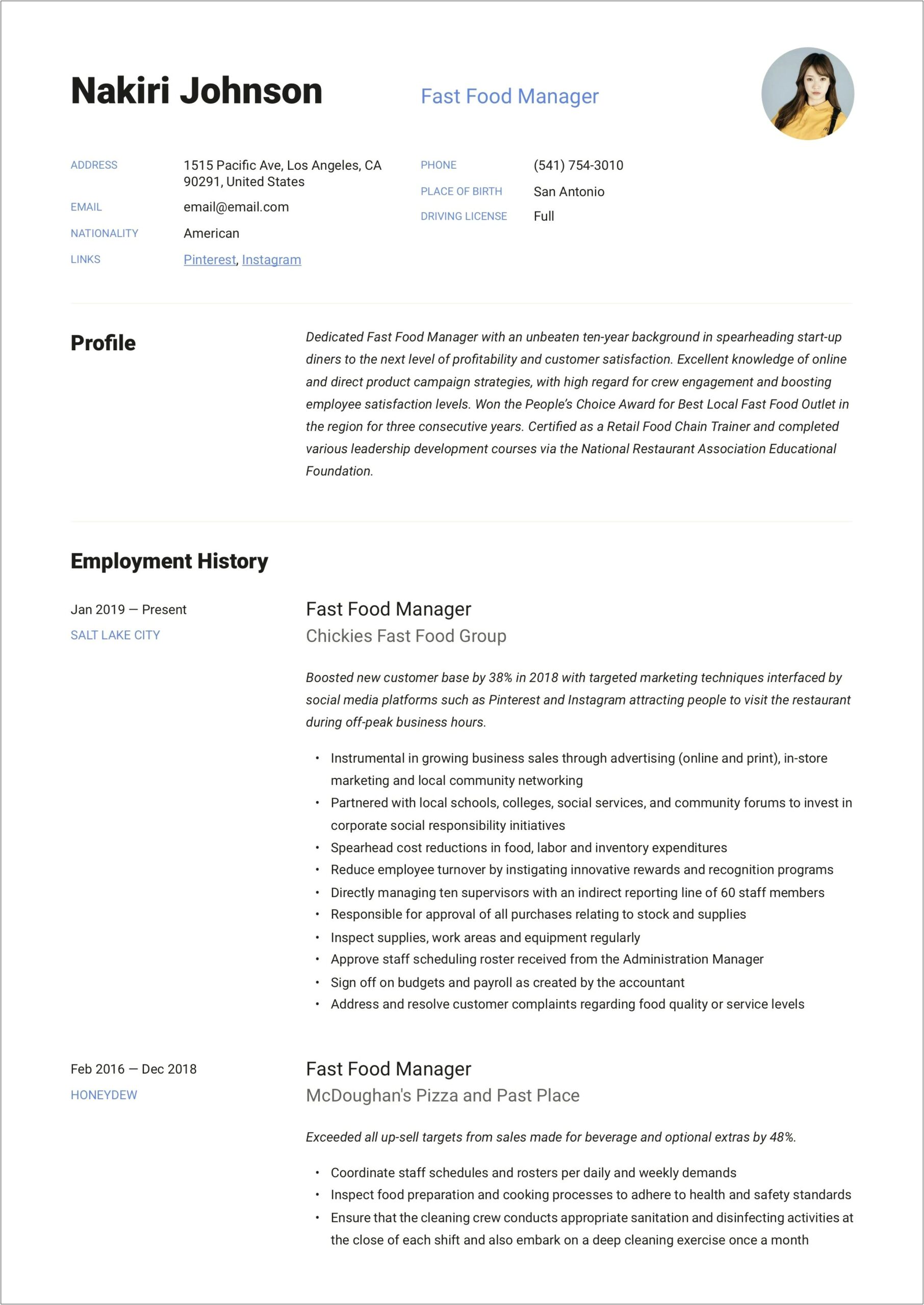 General Resume Objective Examples For Fast Food