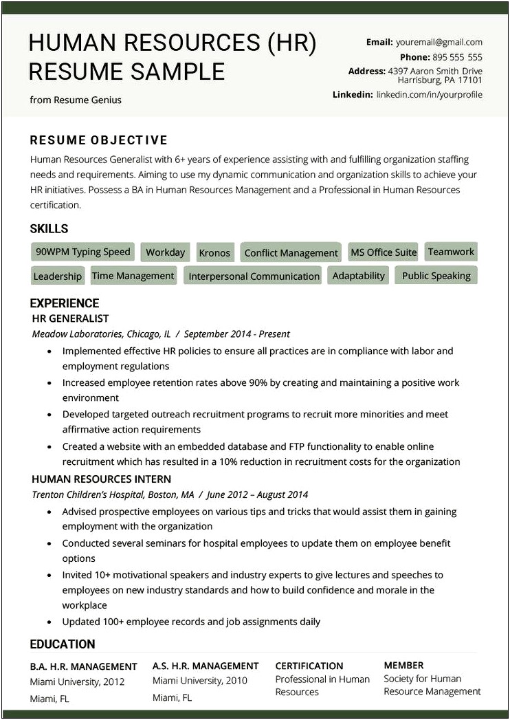 General Resume Objective Examples For Human Resources