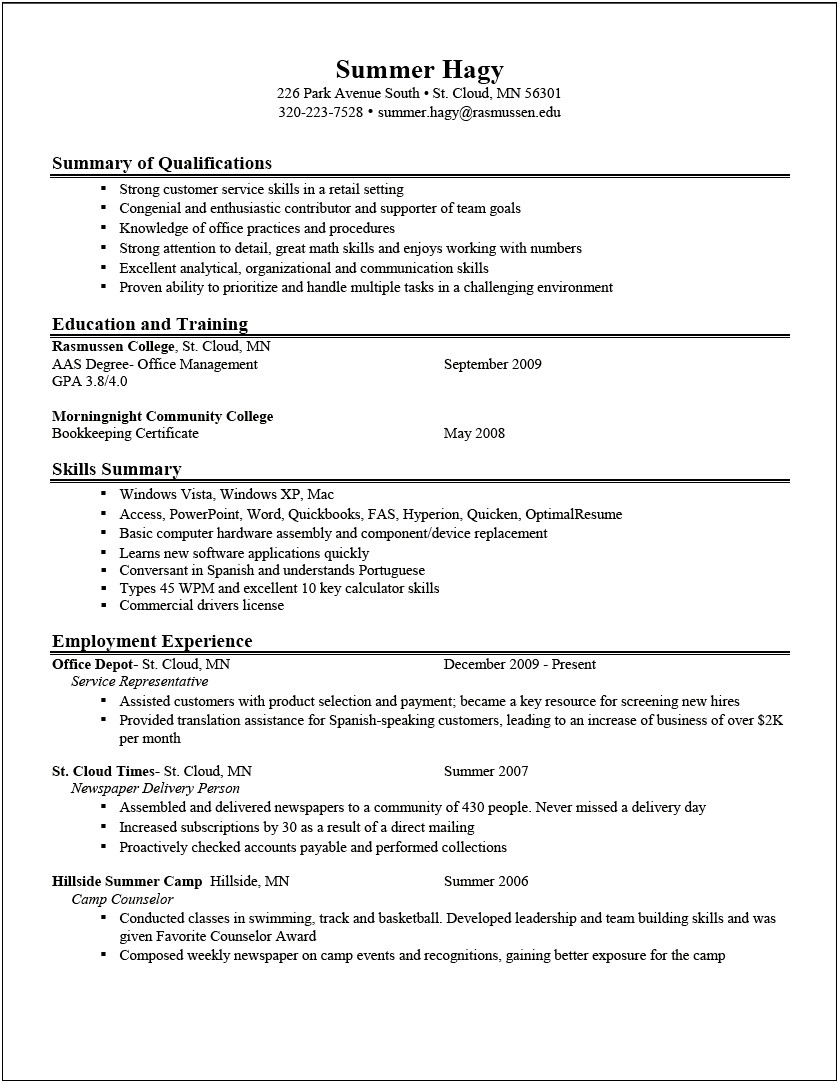 General Resume Objective Examples For Summer Job