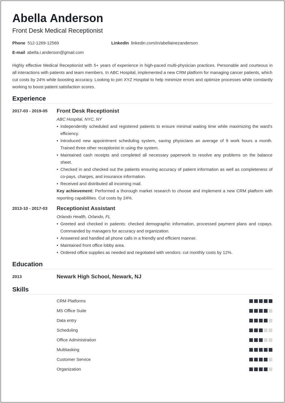General Resume Objective Examples Receptionist
