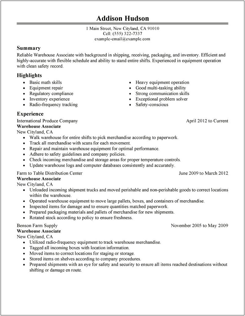 General Resume Objective Examples Warehouse