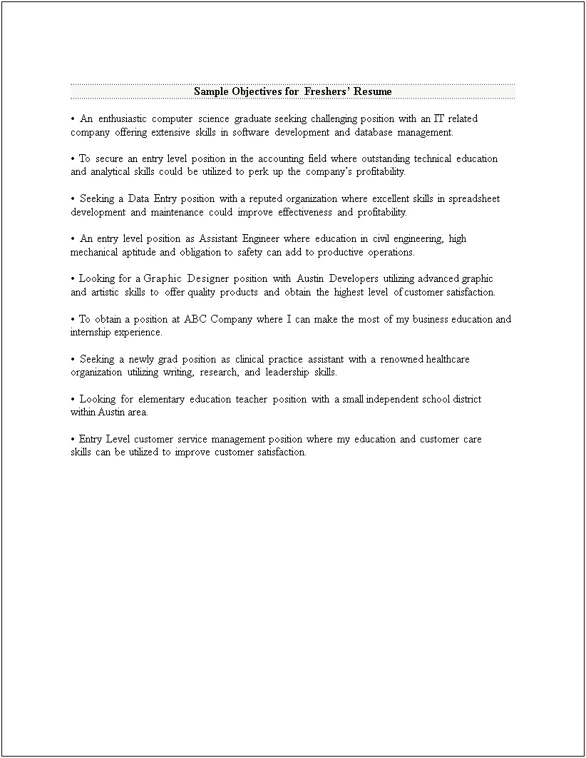 General Resume Objectives For Freshers