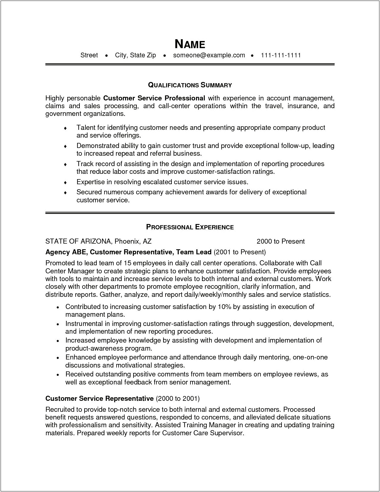 General Summary For Resume Customer Service