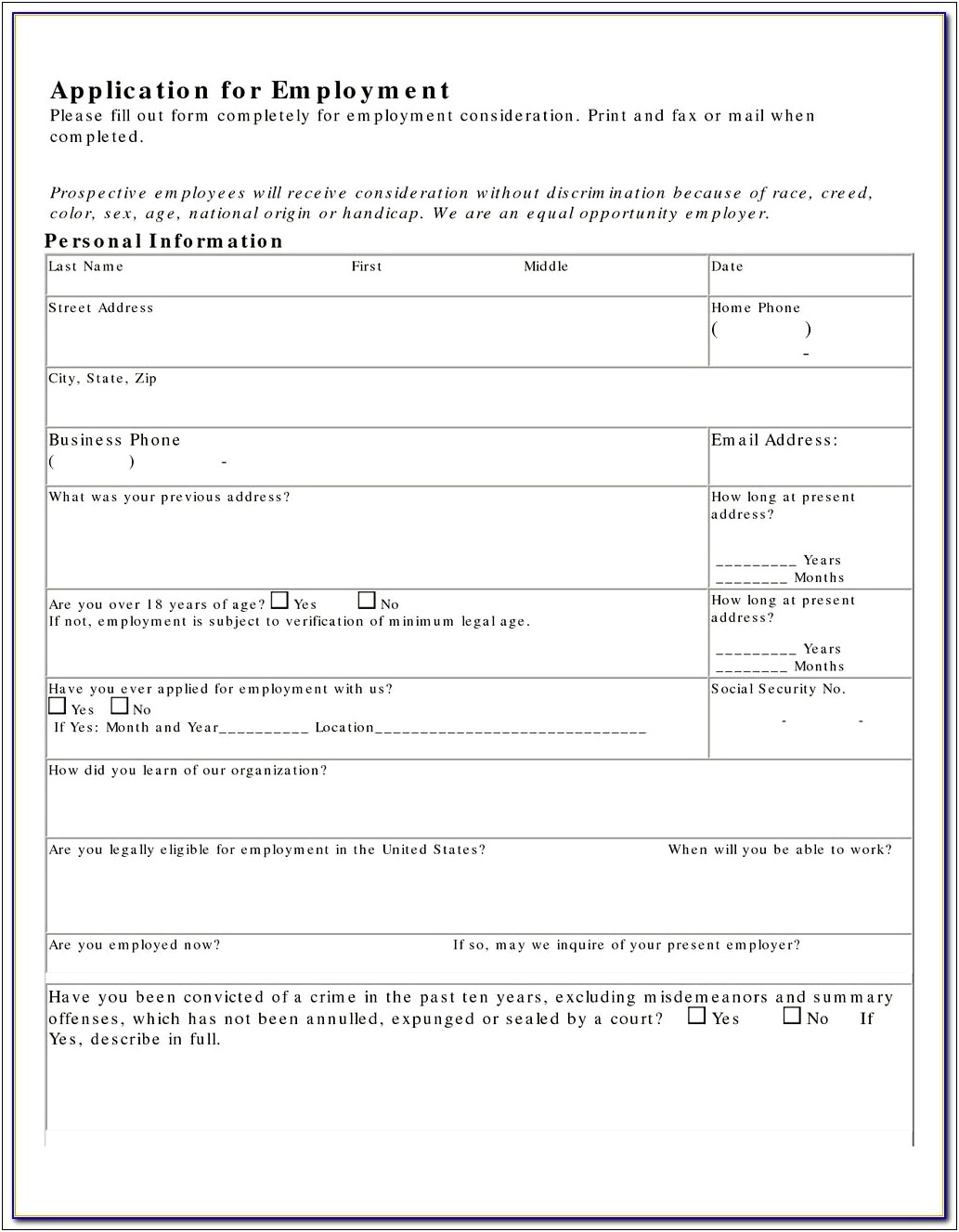 Generic Job Application Printable Blank Resume Form