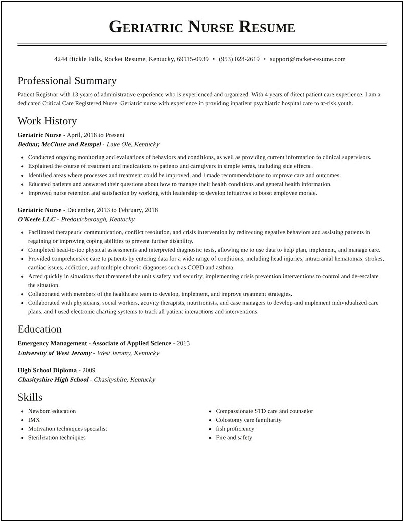 Geriatric Assistant Job Description Resume