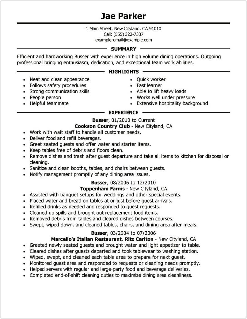 Getting Your First Job As A Busser Resume