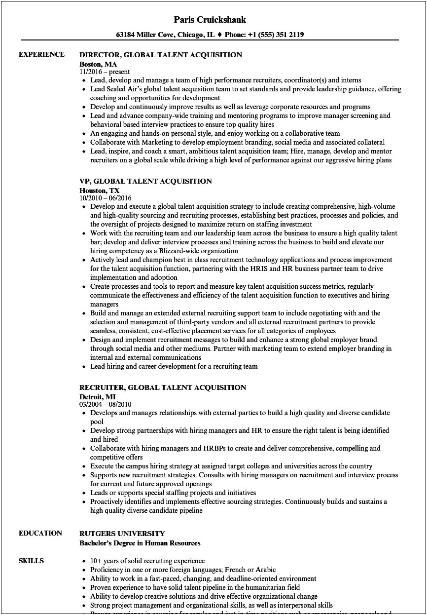 Global Mobility Manager Sample Resume