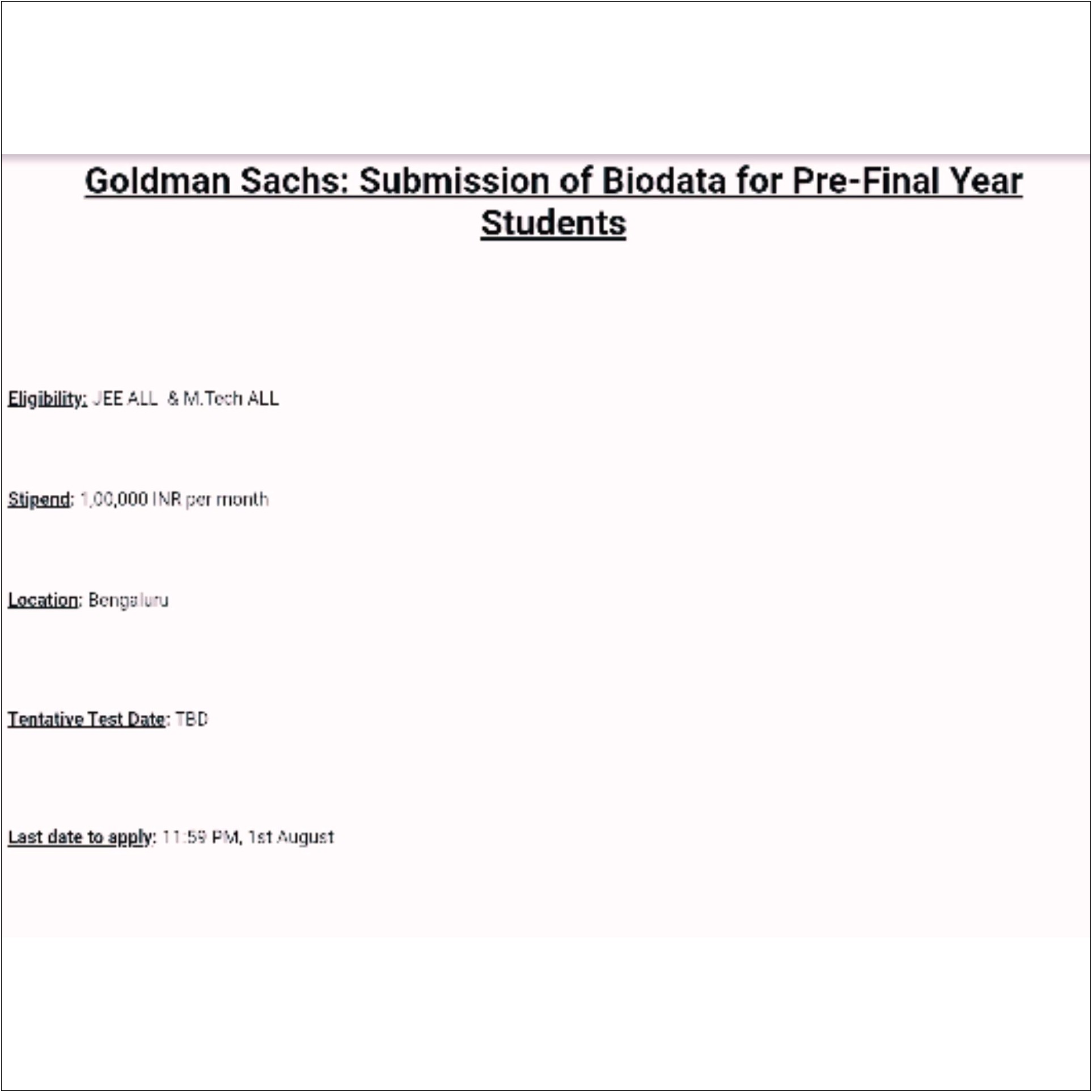 Goldman Sachs Internship Sample Resume