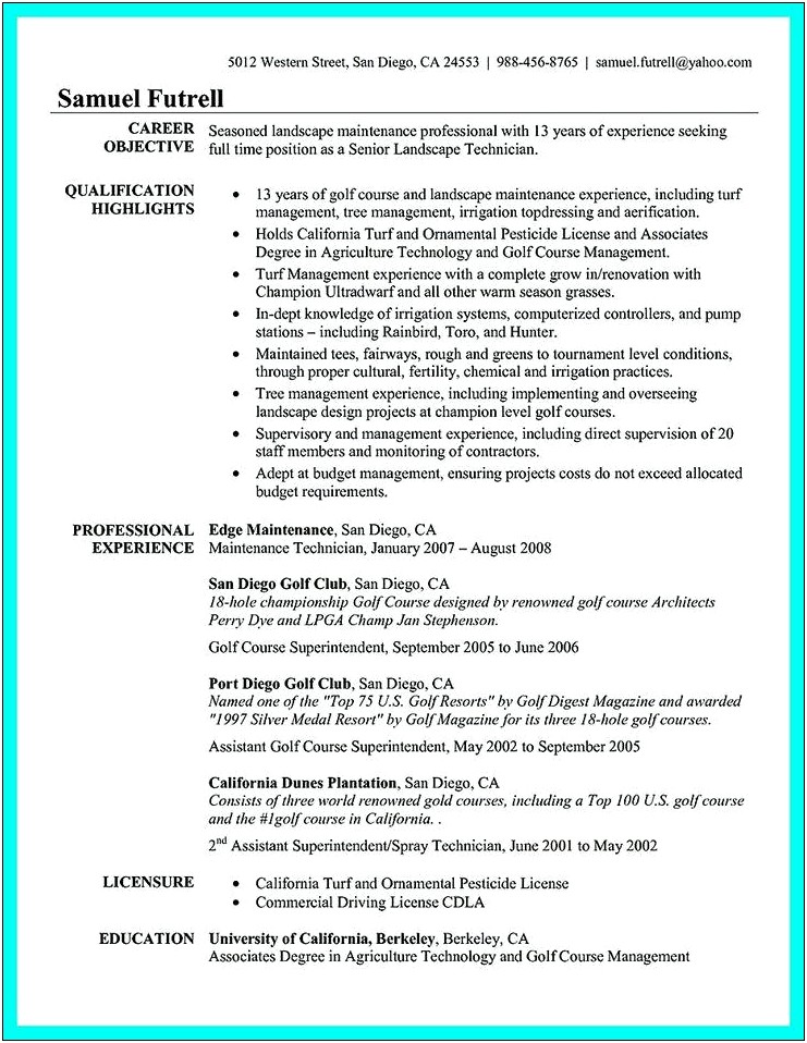 Golf Course Maintenance Resume Examples