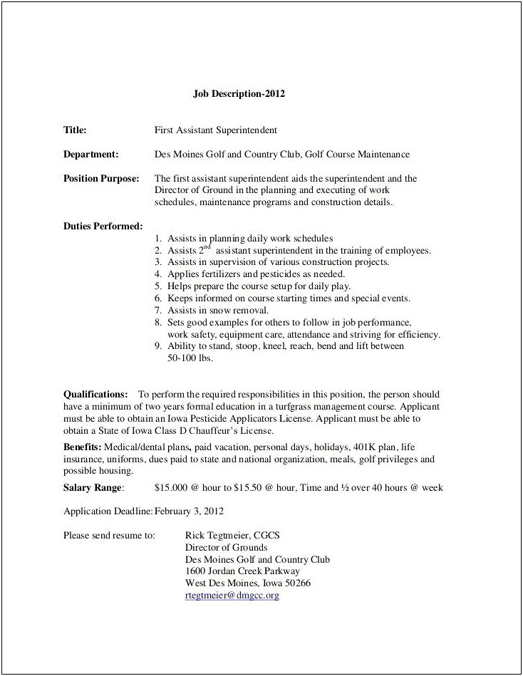 Golf Course Superintendent Resume Objective