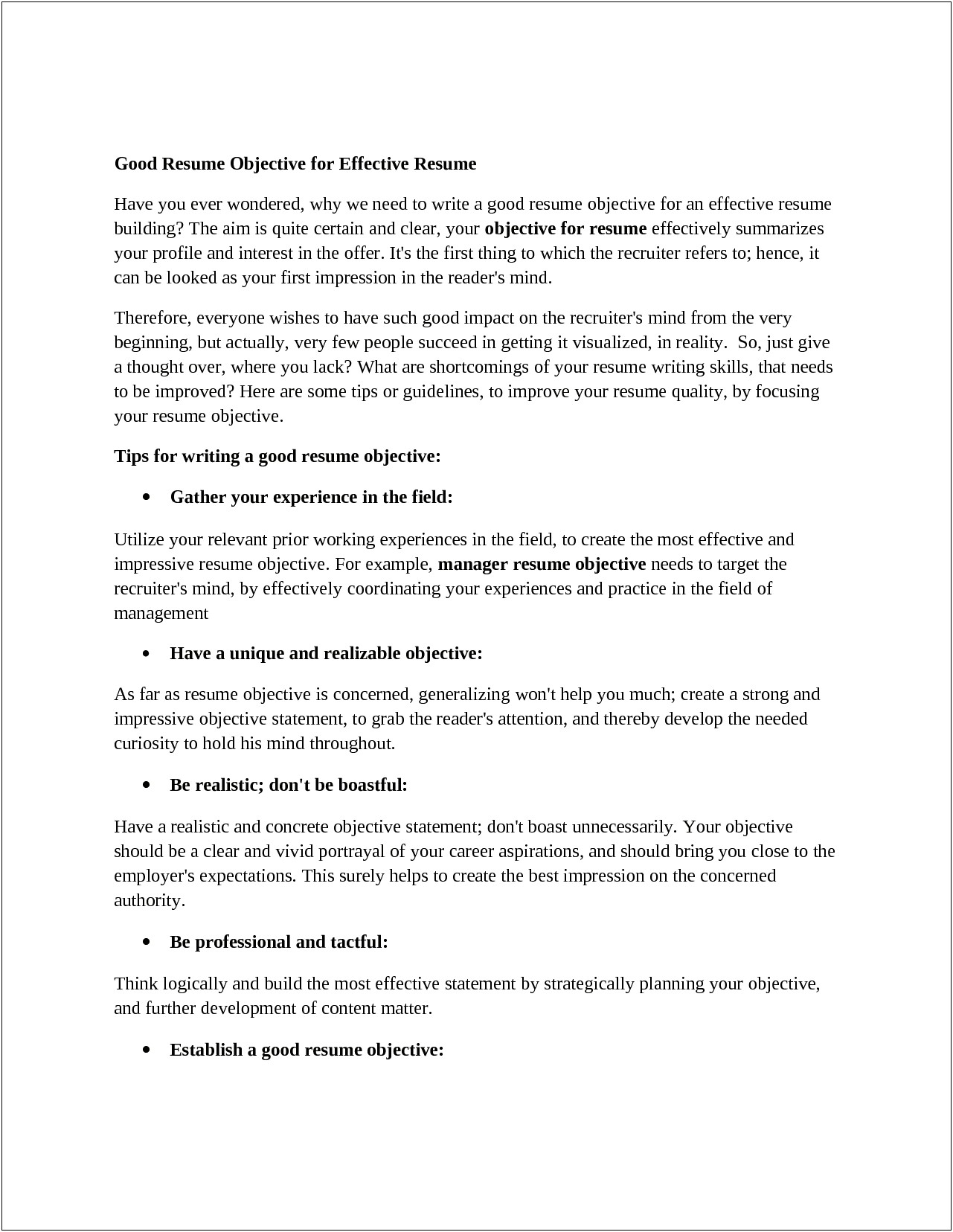 Good Career Objectives For Resume Examples