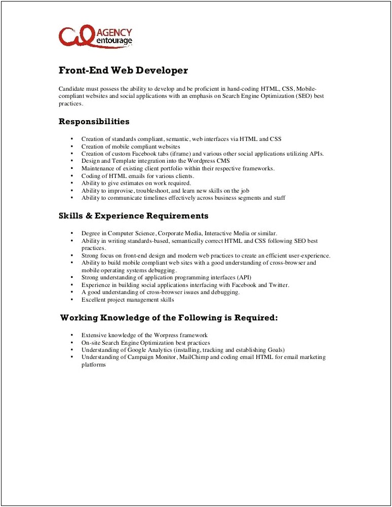 Good Entry Level Web Developer Resume