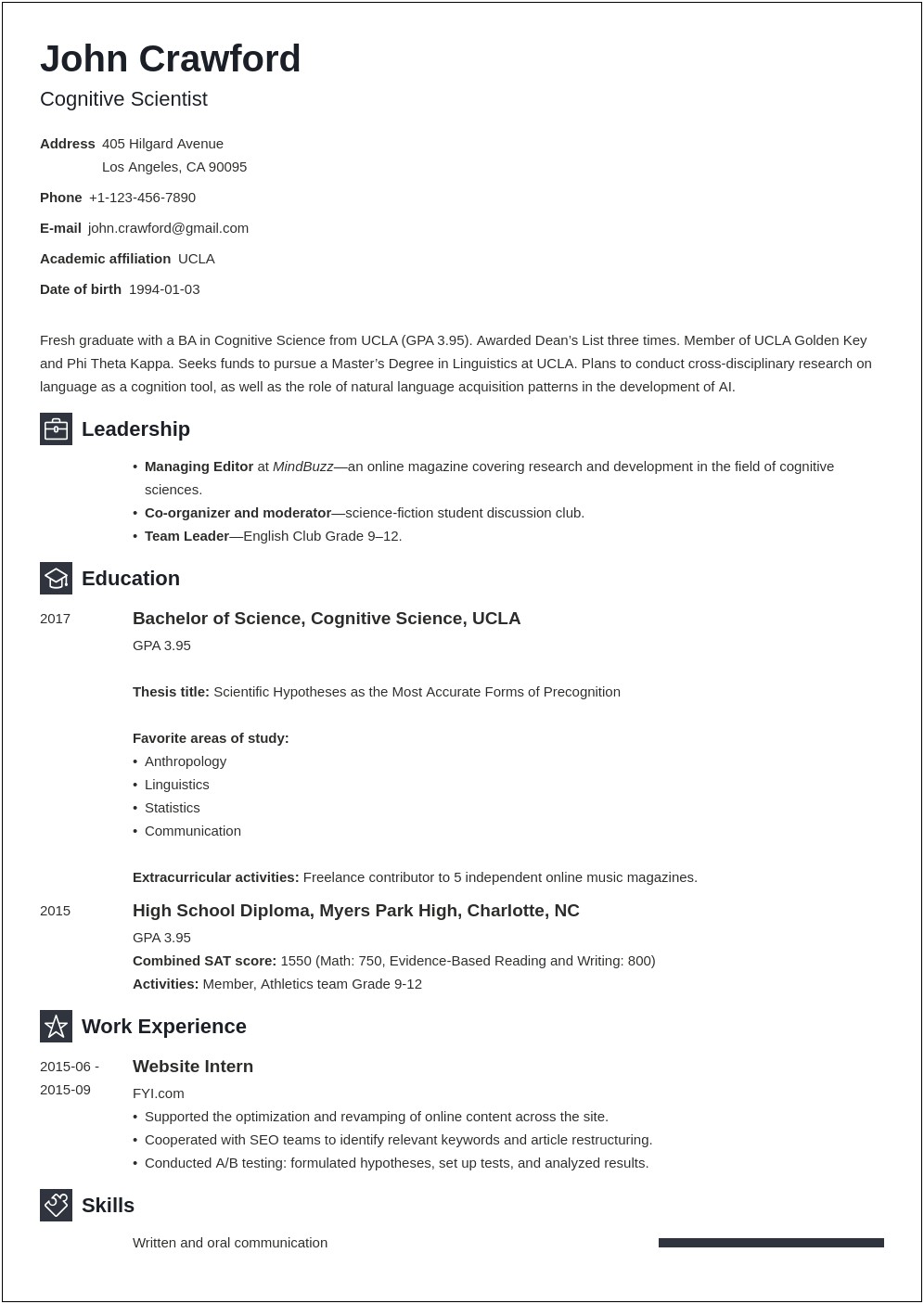 Good Example For A Resume College