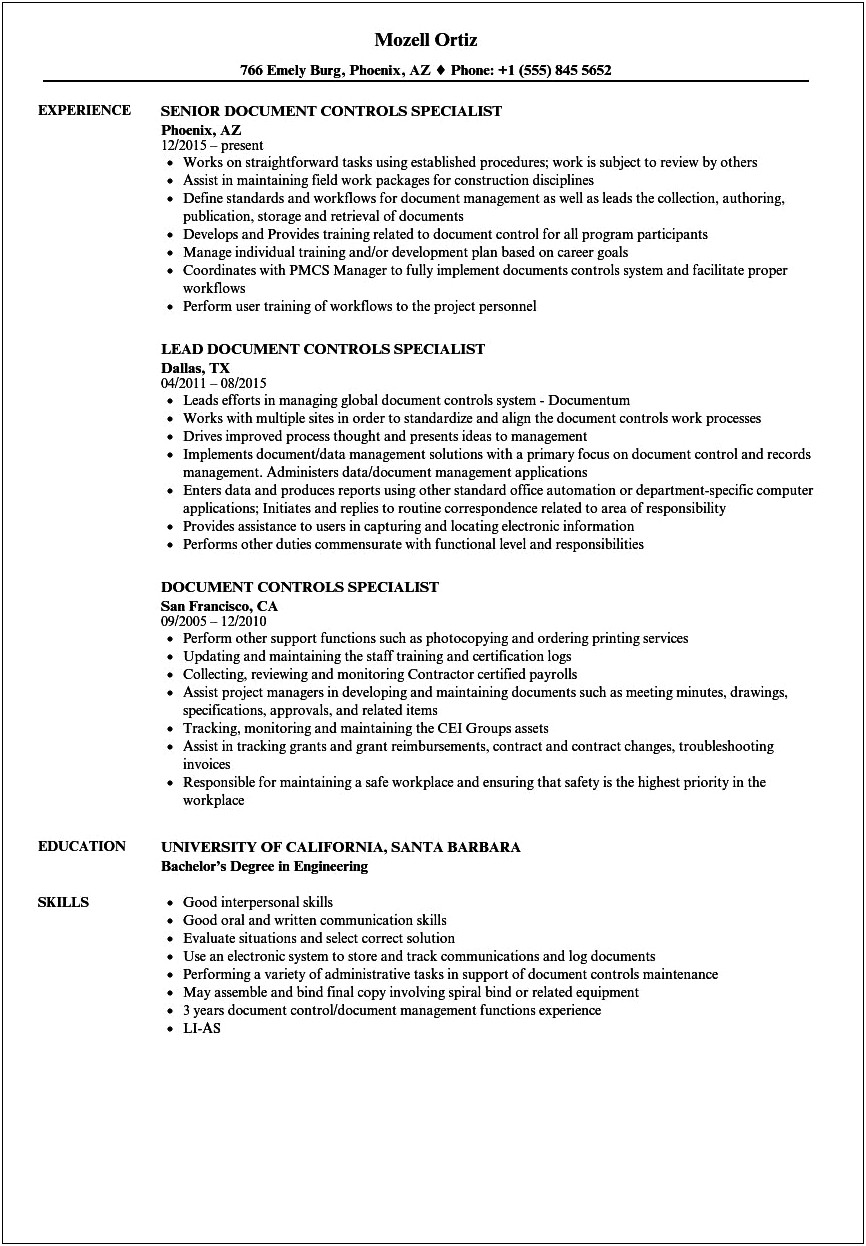Good Examples Of Document Specialist Resume