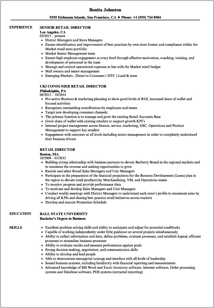Good Examples Of Resume For Retail