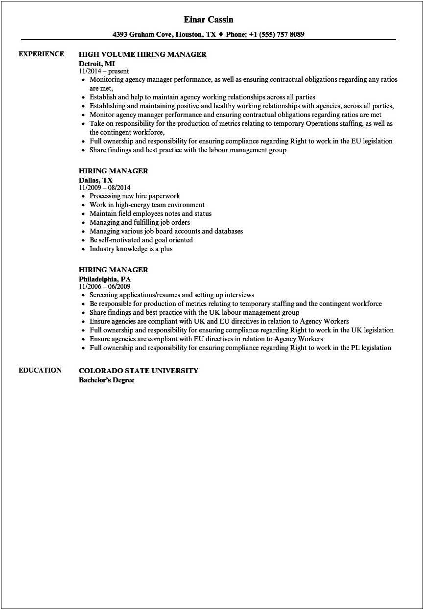 Good Examples Of Resume For Various Staffing Jobs
