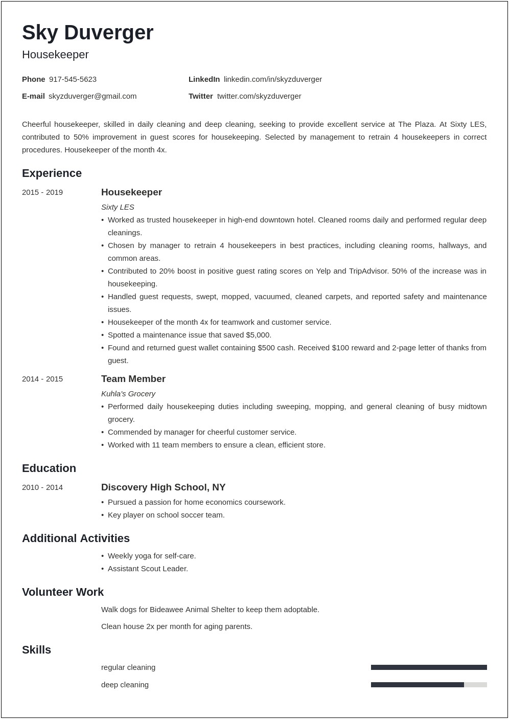 Good House Keeping Descriptions For Resume