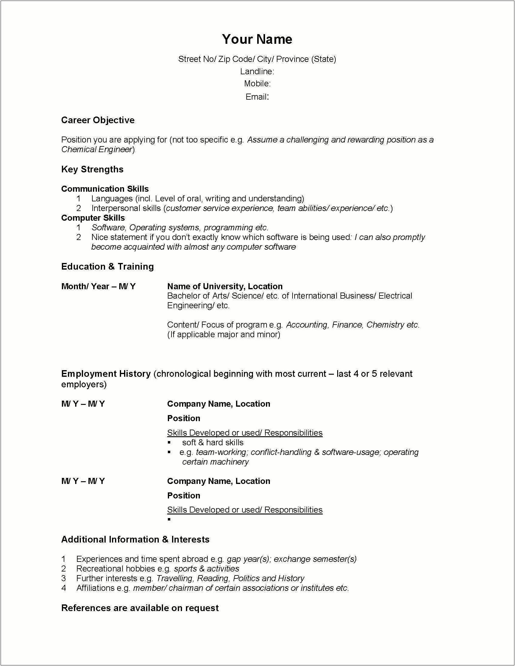 Good List Of Interests For A Resume