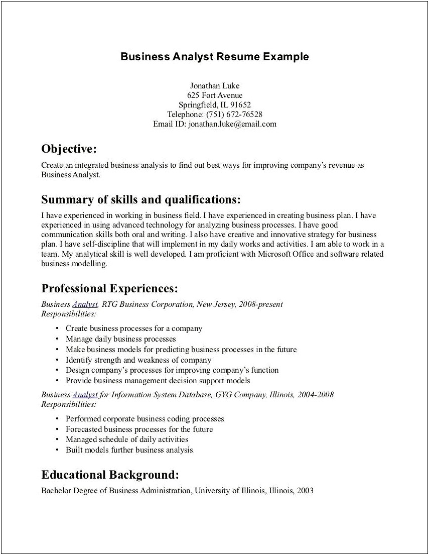 Good Objective For Business Resume