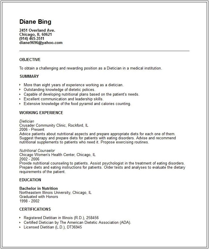 Good Objective For Dietitian Resume