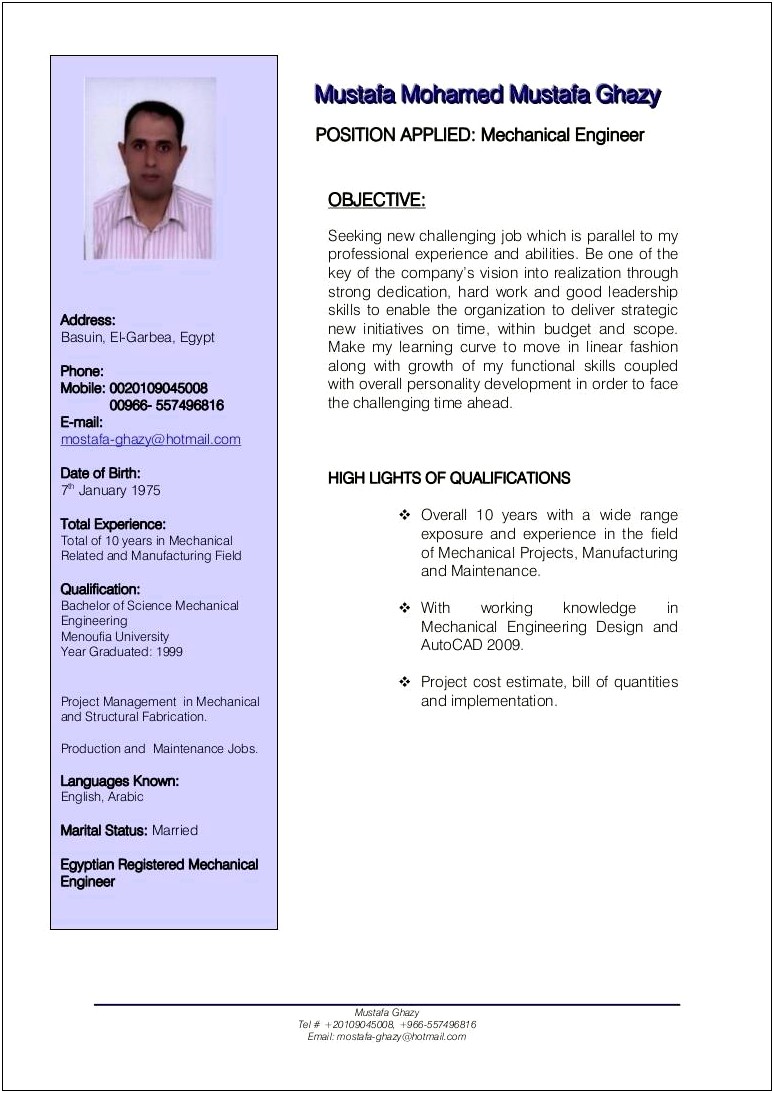 Good Objective For Mechanical Engineering Resume