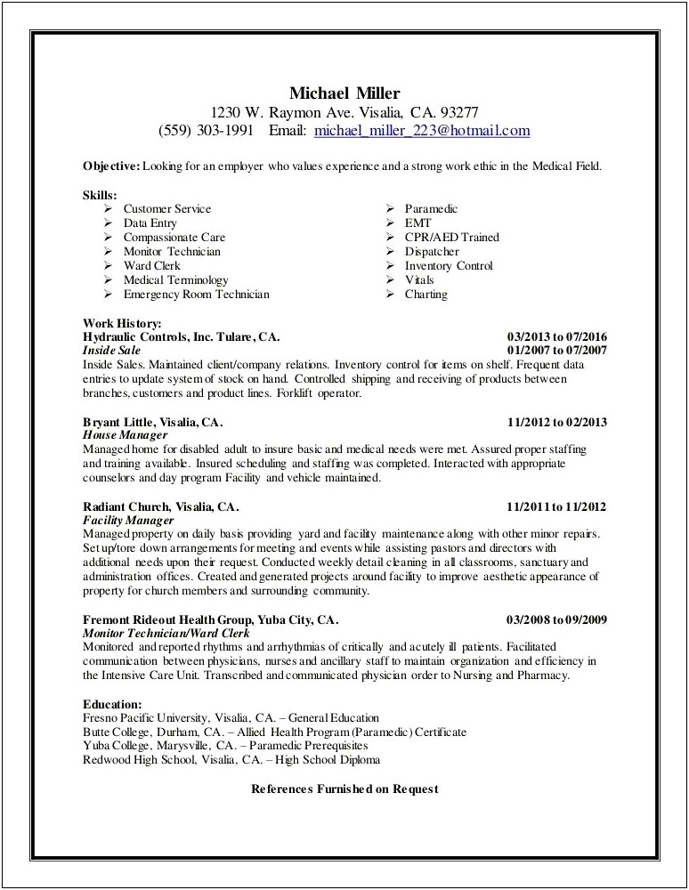 Good Objective For Paramedic School Resume