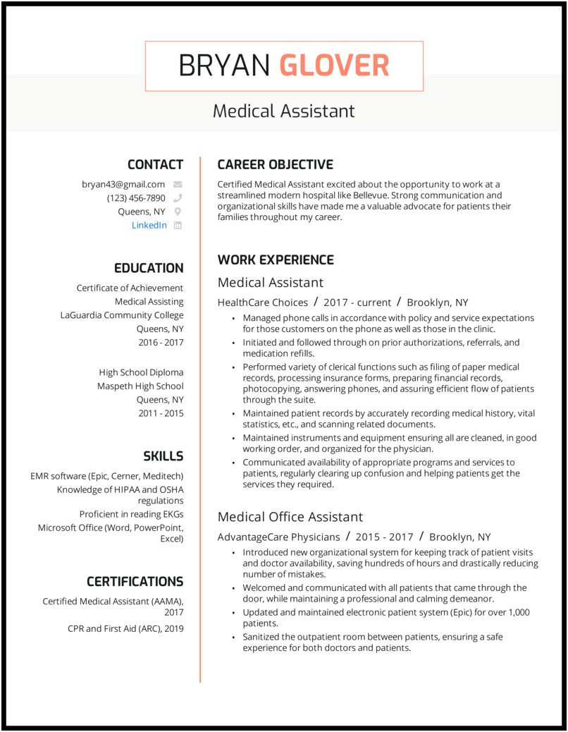 Good Objective Statement For Resume Medical