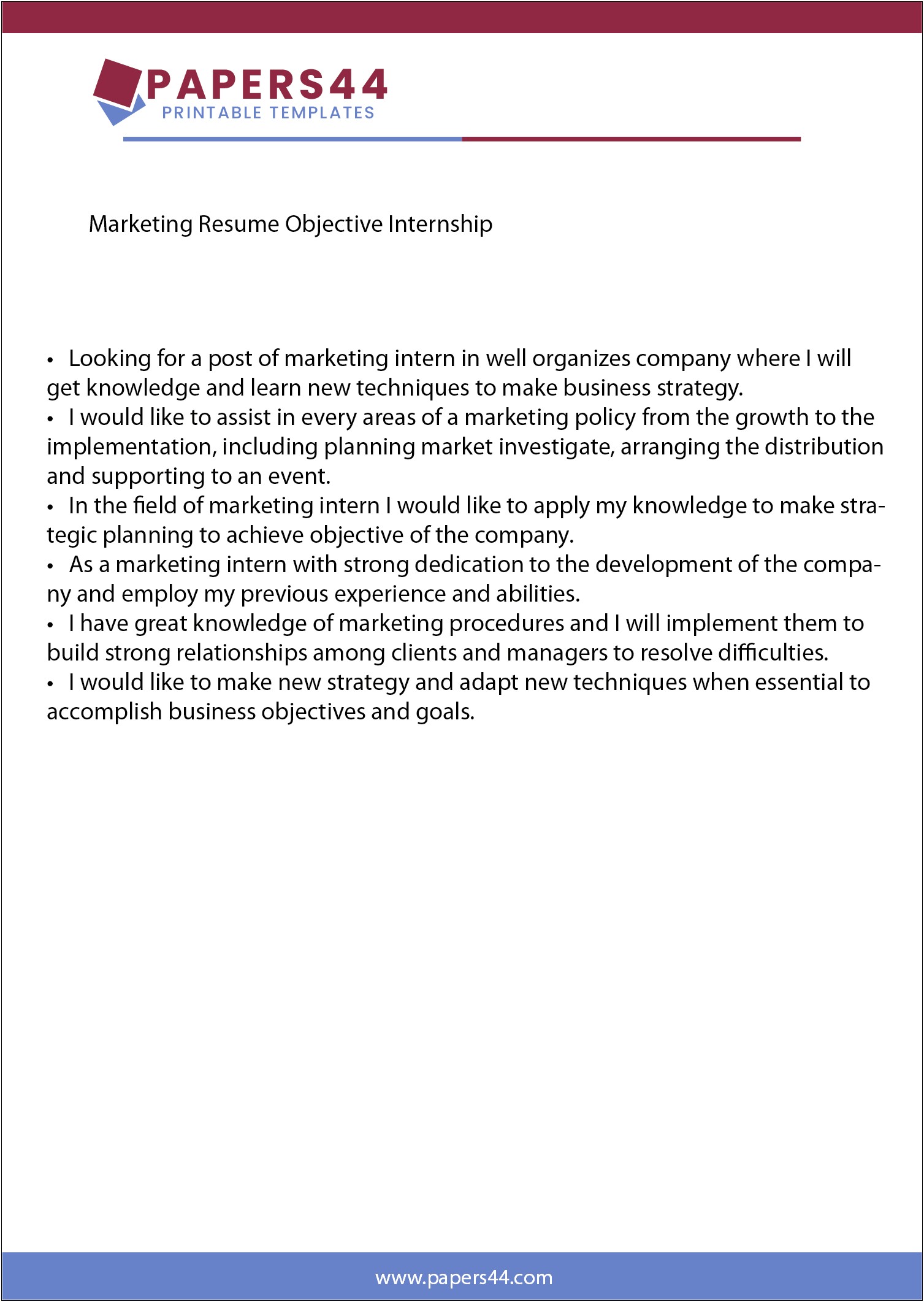 Good Objectives Resume Marketing Intenship