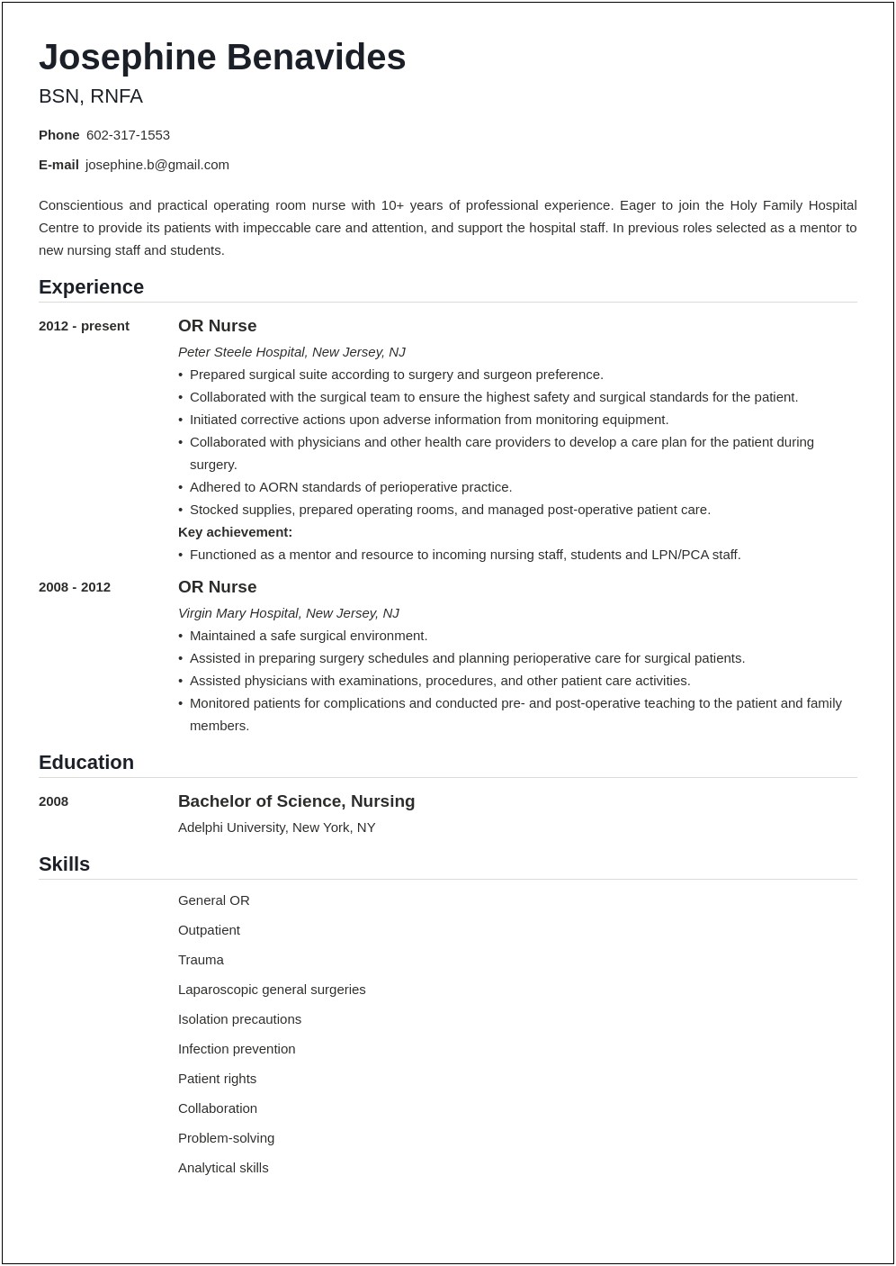 Good Qualities In A Nurse For Resume