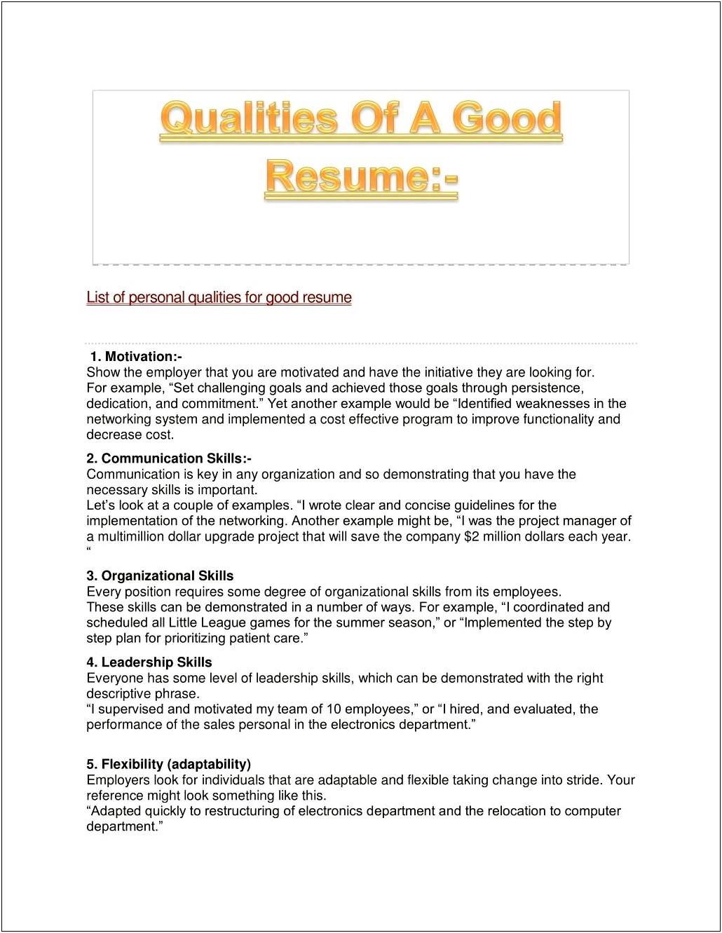 Good Qualities Of A Student For Resume