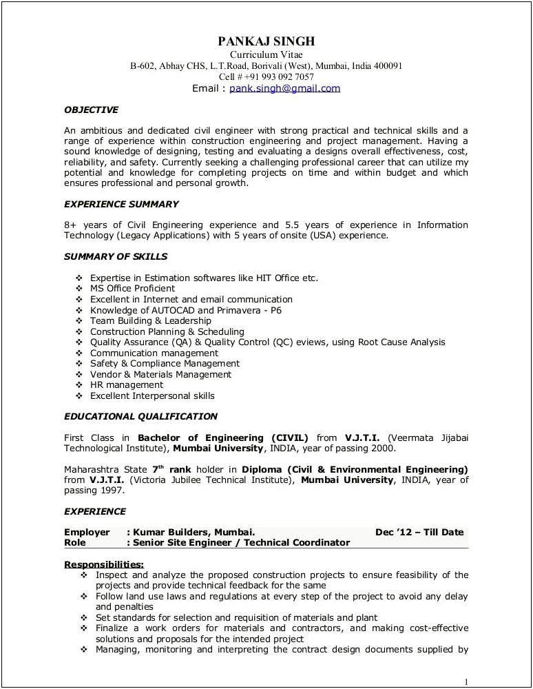 Good Resume Description For Construction Project Manager