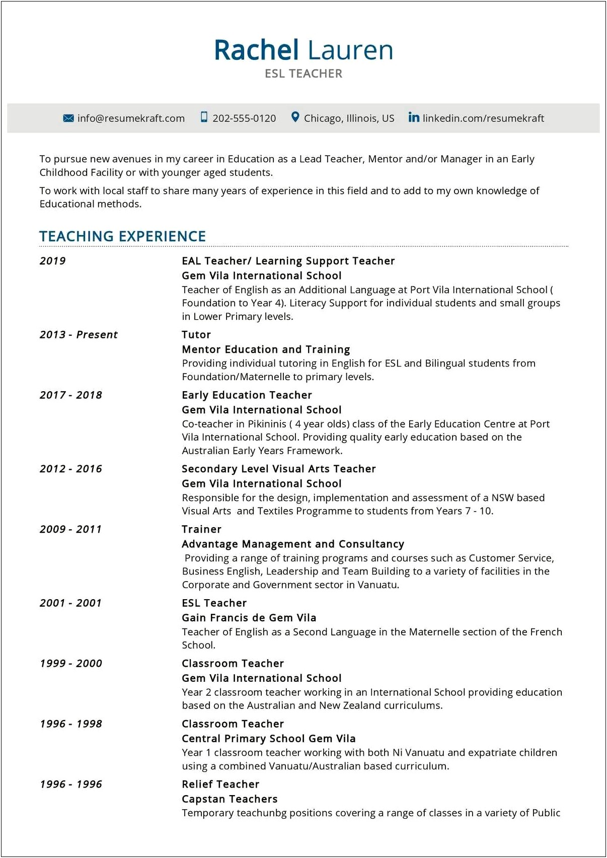 Good Resume Example For Esl Student