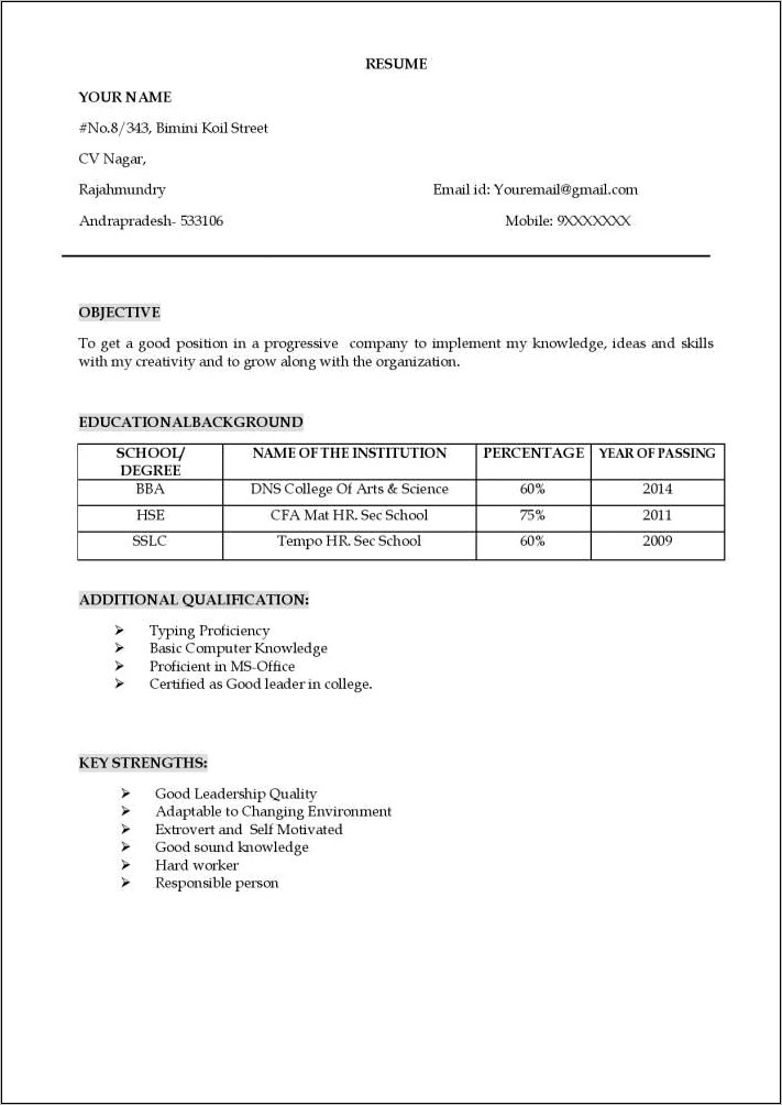 Good Resume Example For Freshers