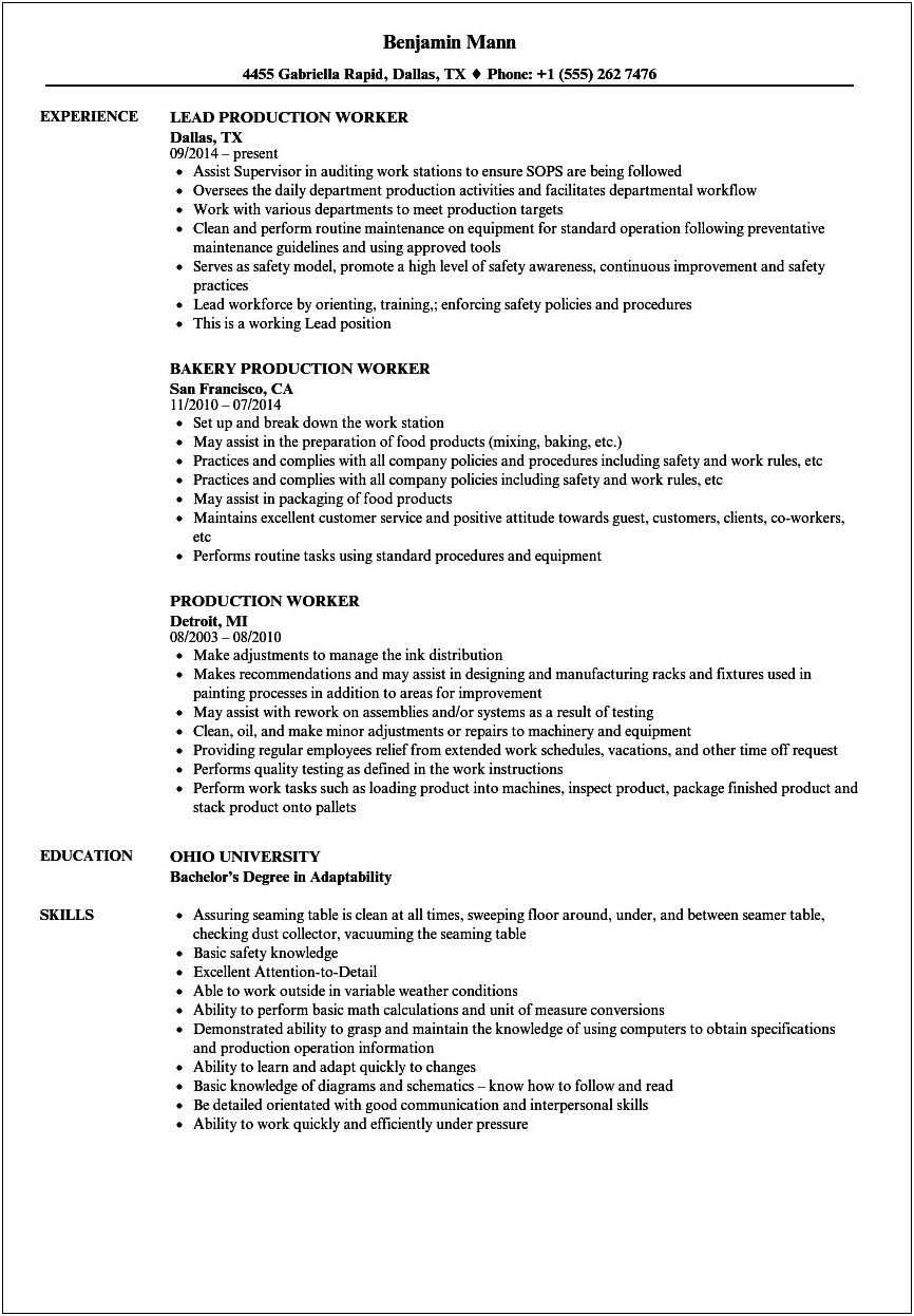 Good Resume Examples Factory Worker