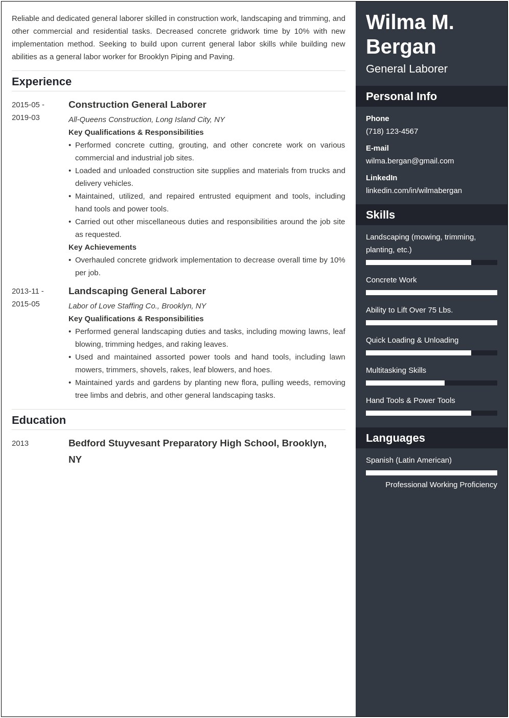 Good Resume Examples For Laborers