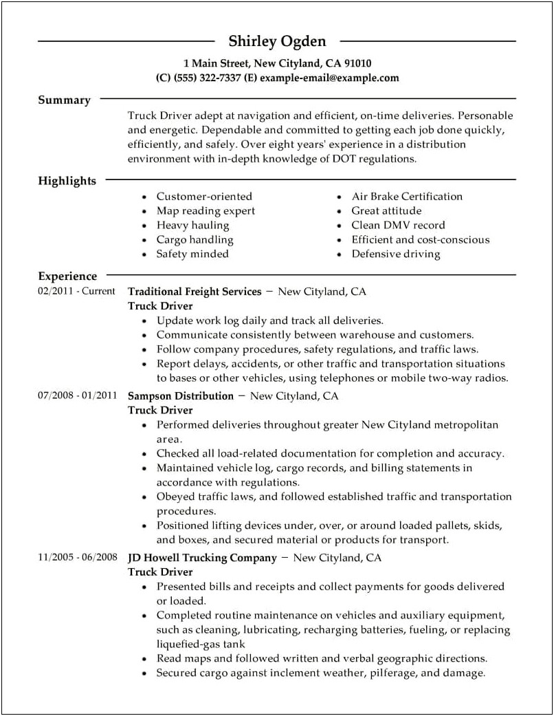 Good Resume Examples For Truck Driver