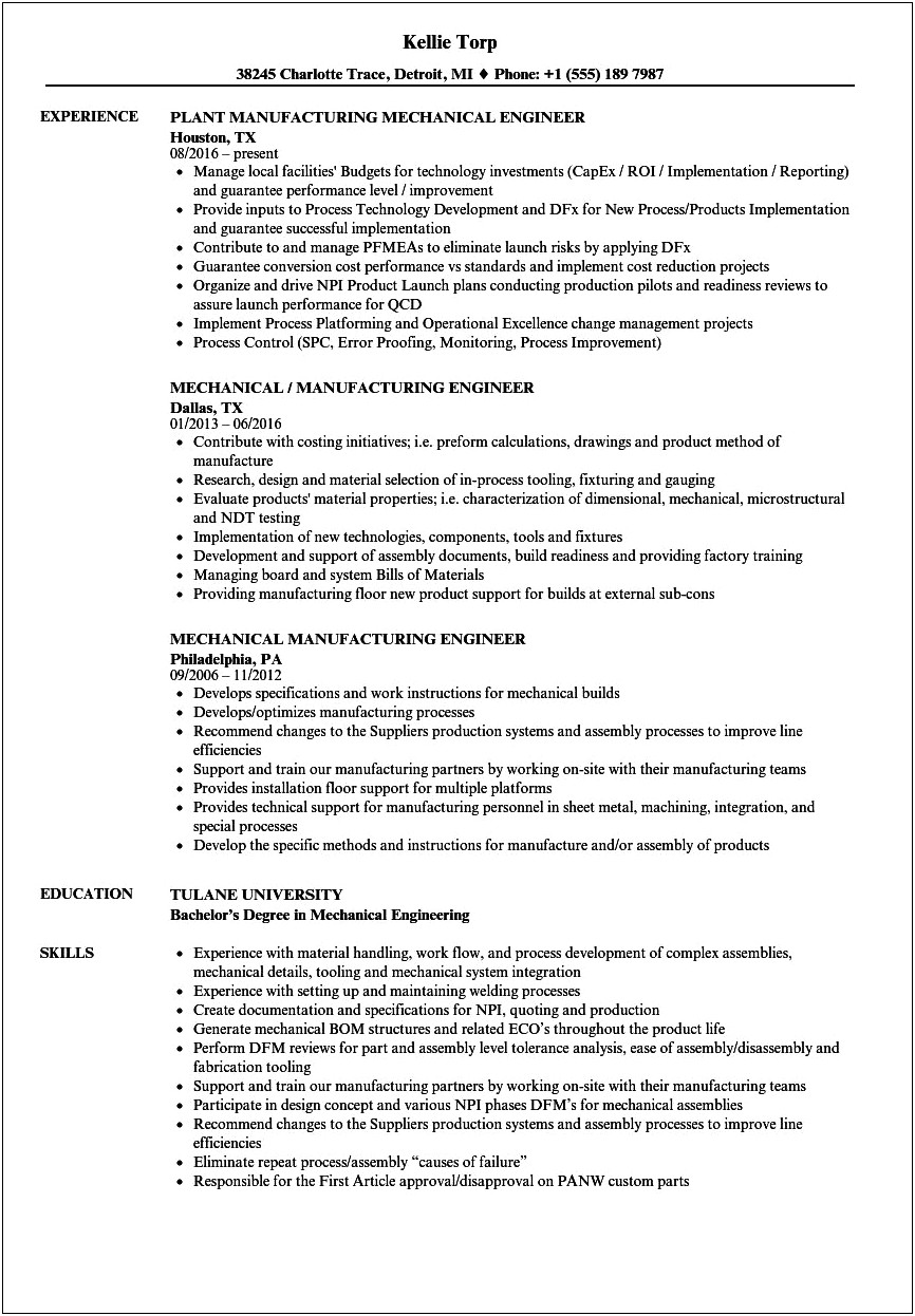 Good Resume Examples Manufacturing Engineer
