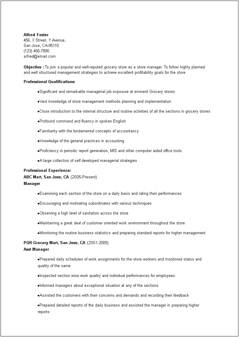 Good Resume For A Retail Mangeer