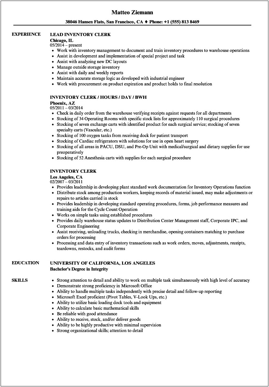 Good Resume For Inventory Control Clerk