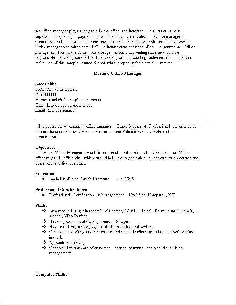 Good Resume For Office Manager