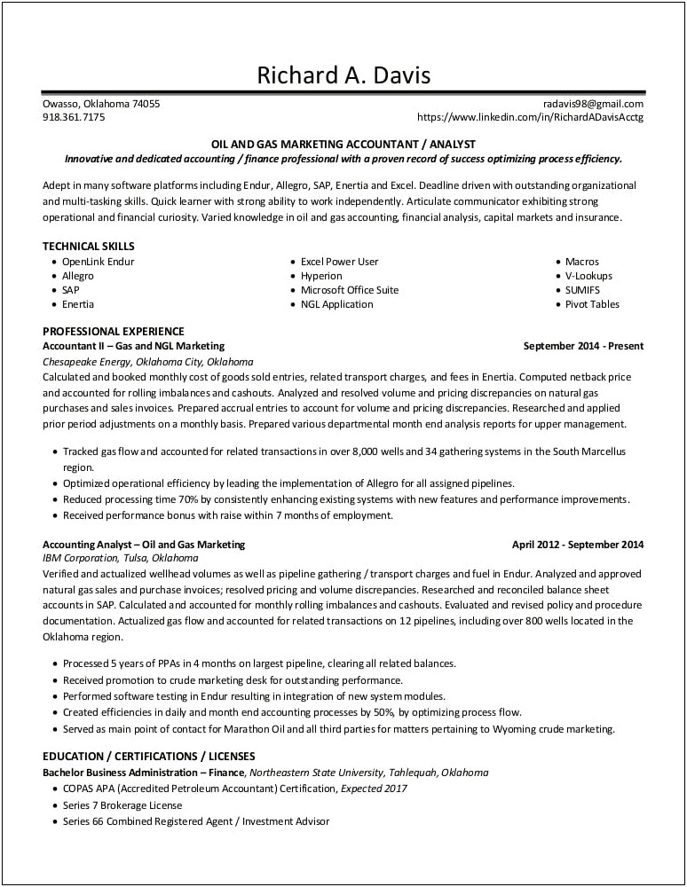 Good Resume For Oil And Gas Company