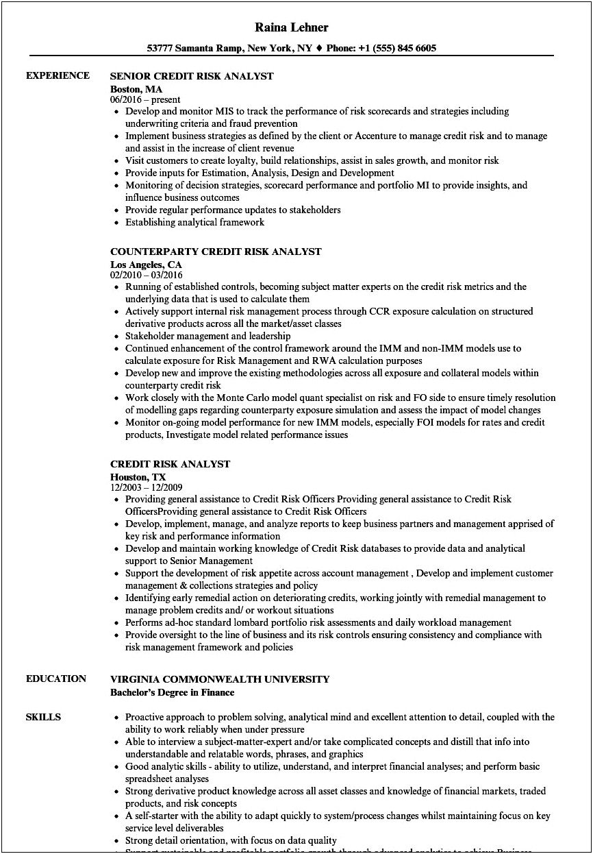 Good Resume Objective Examples For Credit Analyst