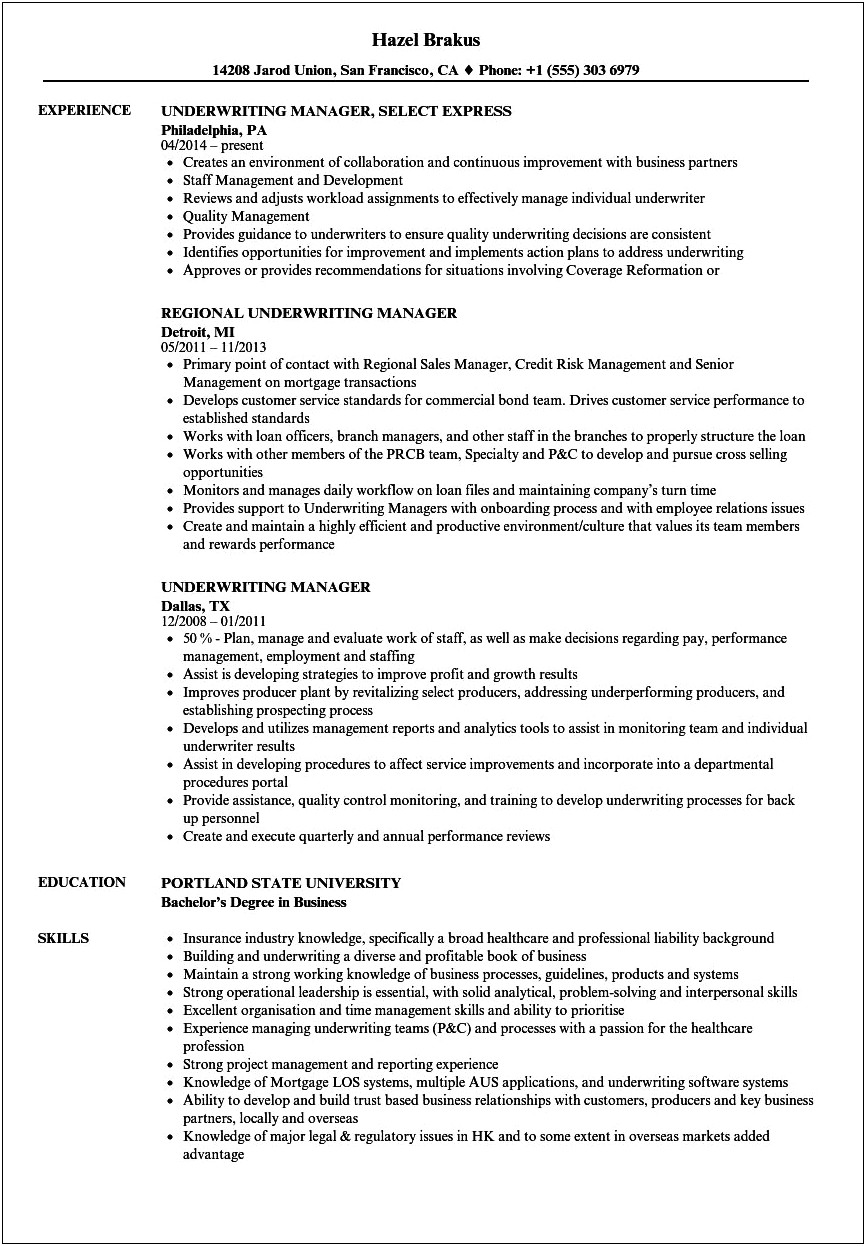 Good Resume Objective Examples For Underwriter